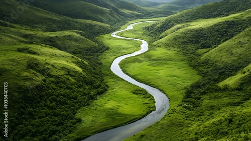 Aerial view of a winding river flowing through a lush green valley surrounded by rolling hills and mountains