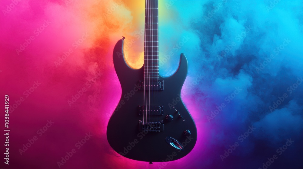 Naklejka premium Electric Guitar with Colorful Light and Smoke Effect