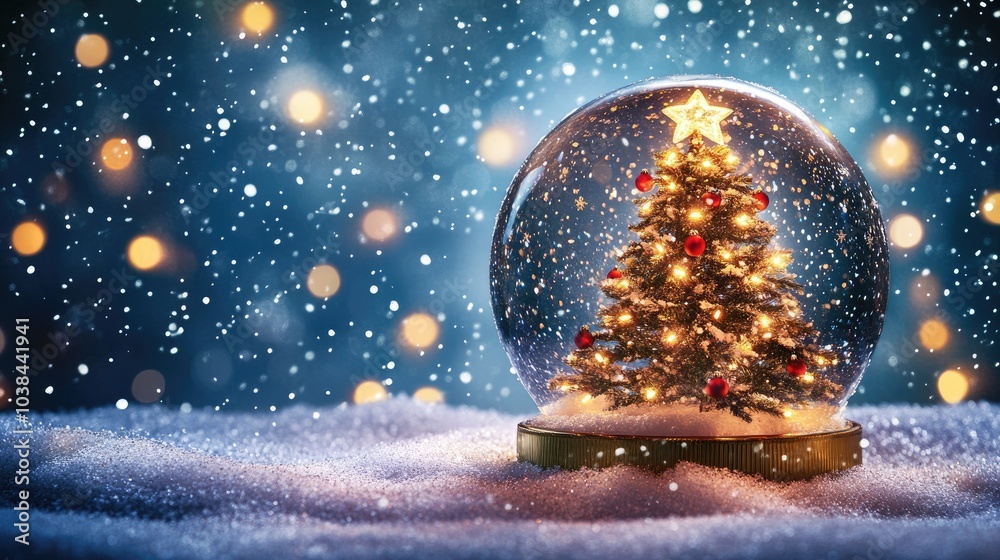 A glowing Christmas tree inside a snow globe, sparkling with lights as snow falls around it. Festive and magical winter scene. A glowing Christmas tree inside a snow globe, sparkling with lights as snow falls around it. Festive and magical winter scene.