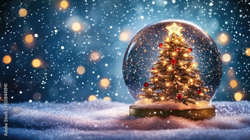 A glowing Christmas tree inside a snow globe, sparkling with lights as snow falls around it. Festive and magical winter scene.