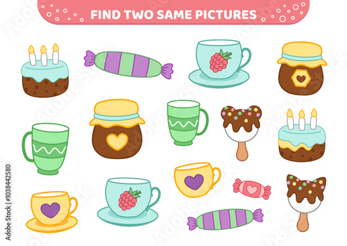 Tea party with sweets. Find two same pictures. Game for children. Cartoon, vector