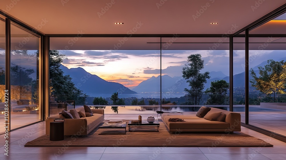 Fototapeta premium A luxurious modern home with large glass windows, framed by a twilight sky and mountain views, blending luxury with nature.
