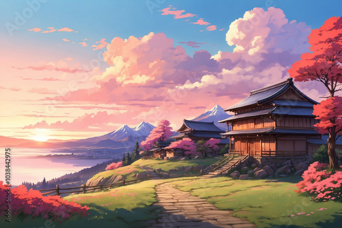 Village houses in traditional Japanese style on the edge of the spring path, when sunset at dusk the sky is red. In anime style