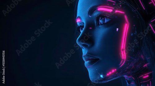 A close-up portrait of a woman's face with neon lights on her skin.