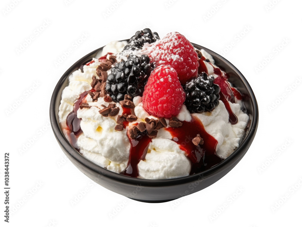Berrylicious Delight: Indulge in a decadent dessert of creamy whipped topping, adorned with fresh raspberries and blackberries, drizzled with a rich chocolate sauce. Berrylicious Delight: Indulge in a decadent dessert of creamy whipped topping, adorned with fresh raspberries and blackberries, drizzled with a rich chocolate sauce.