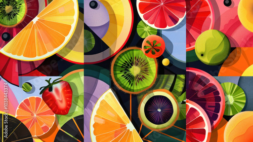 An abstract deconstructed fruit design with colorful slices of different fruits combined in an unexpected, geometric arrangement on a bold background photo