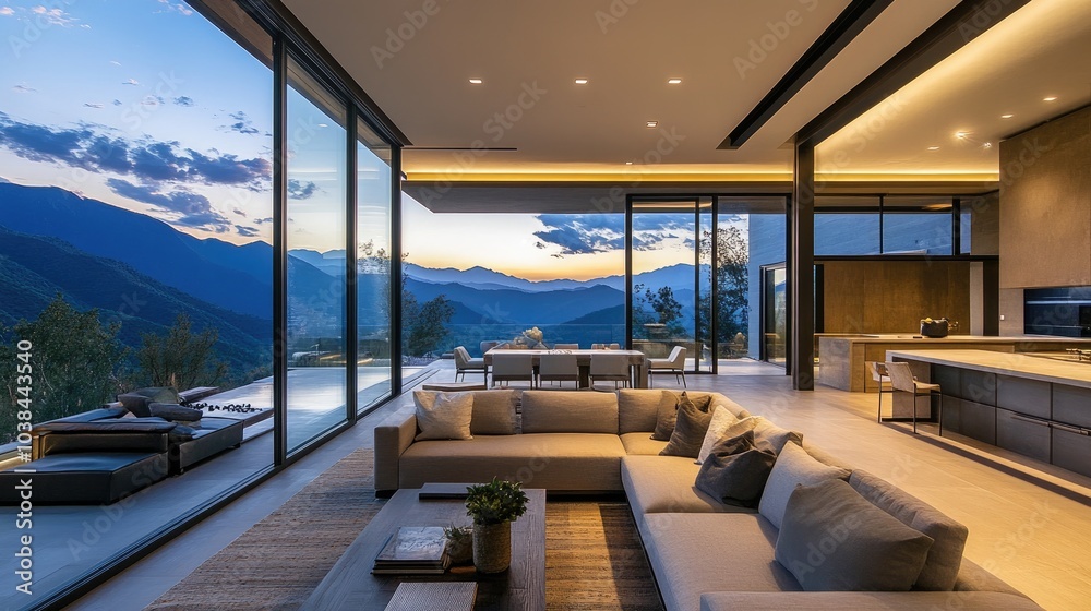Fototapeta premium A modern luxury home with large windows, overlooking a breathtaking mountain view at twilight, blending design with nature.
