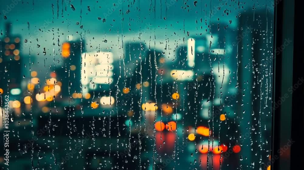 rain on the window with traffic scene