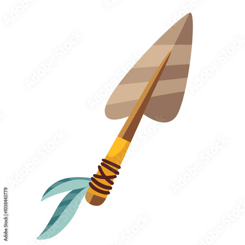 African cartoon spear with tip and feathers. Funny sharp tip for throwing, native tribal weapon of warrior. Culture of Africa mascot, cartoon traditional spear of tribesman vector illustration