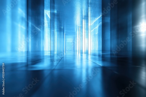 A futuristic hallway with glowing blue lights and reflective surfaces in a modern building at night