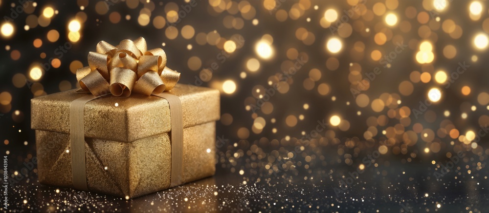 Golden gift box with shimmering gold bow against bokeh lights. Perfect for New Year, Christmas, birthdays, and other gifting celebrations, a luxurious touch to holiday cards or gift-related visuals