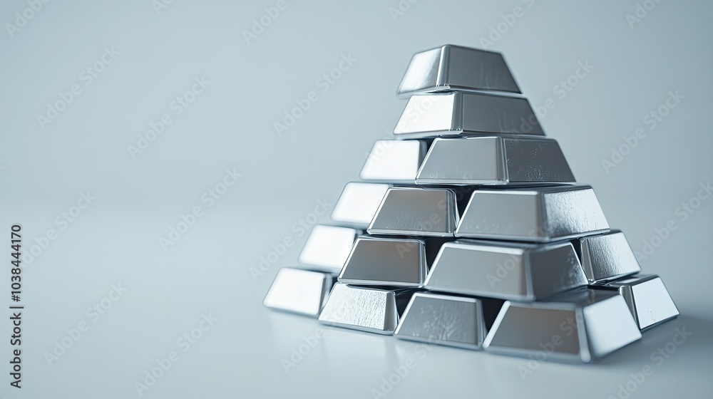 A pyramid-shaped stack of aluminum ingots on a white background, highlighting industrial manufacturing and raw materials. A pyramid-shaped stack of aluminum ingots on a white background, highlighting industrial manufacturing and raw materials.