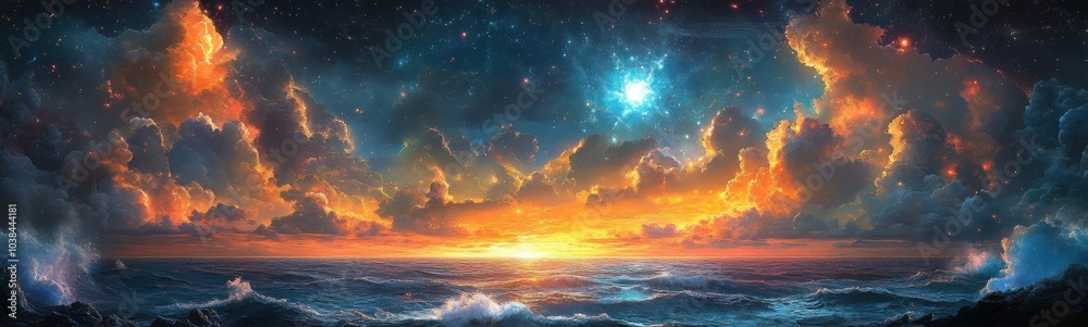Fototapeta premium Painting of a sunset over the ocean with waves and stars