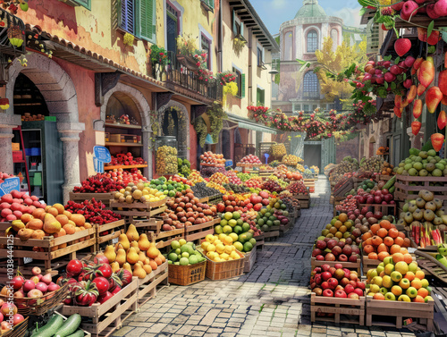 An artistic arrangement of fruits in a traditional European market, with crates of apples, pears, and berries stacked high, surrounded by vibrant market stalls