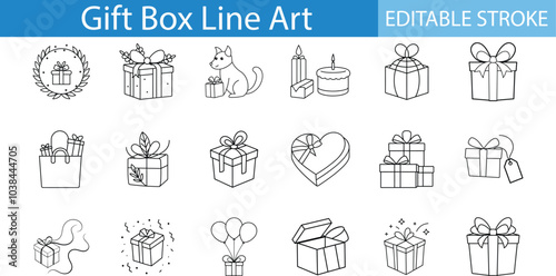 Gift Box Line Art Icons Editable Stroke Set
