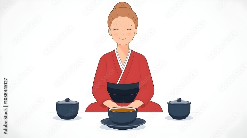Elegant Japanese Tea Ceremony with Graceful Woman in Traditional Kimono Elegant Japanese Tea Ceremony with Graceful Woman in Traditional Kimono