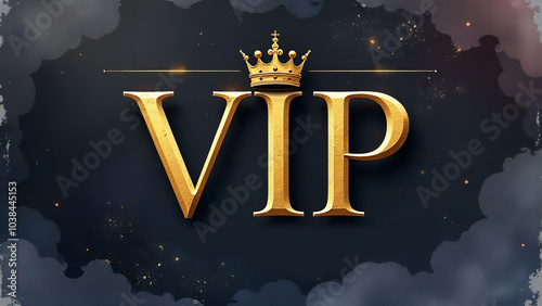 the inscription VIP in gold letters on a black background, premium VIP card with gold elements and crown