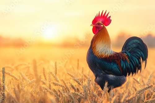 Colorful rooster standing in a field at sunrise, vibrant and majestic.