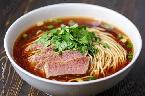 Delicious bowl of noodles topped with beef and fresh herbs.