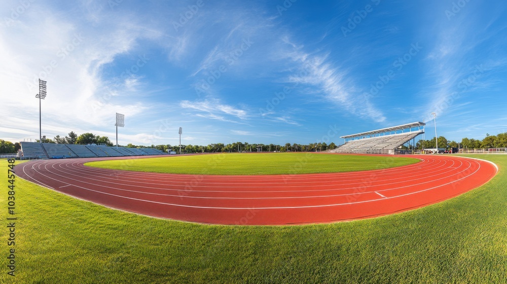 Obraz premium A spacious outdoor track and field stadium with a red running track, surrounded by green grass and bleachers, Dynamic style