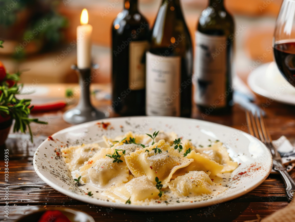 An Italian trattoria with handmade ravioli served in a creamy sauce, framed by vintage wine bottles and rustic decor. An Italian trattoria with handmade ravioli served in a creamy sauce, framed by vintage wine bottles and rustic decor.