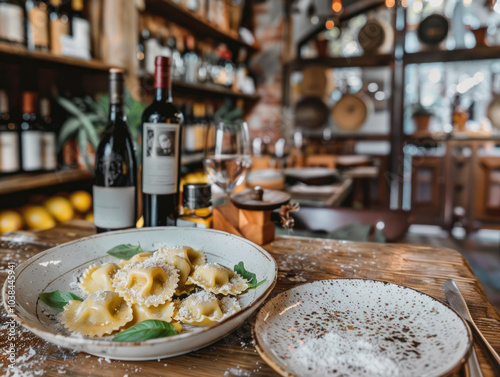 An Italian trattoria with handmade ravioli served in a creamy sauce, framed by vintage wine bottles and rustic decor. photo