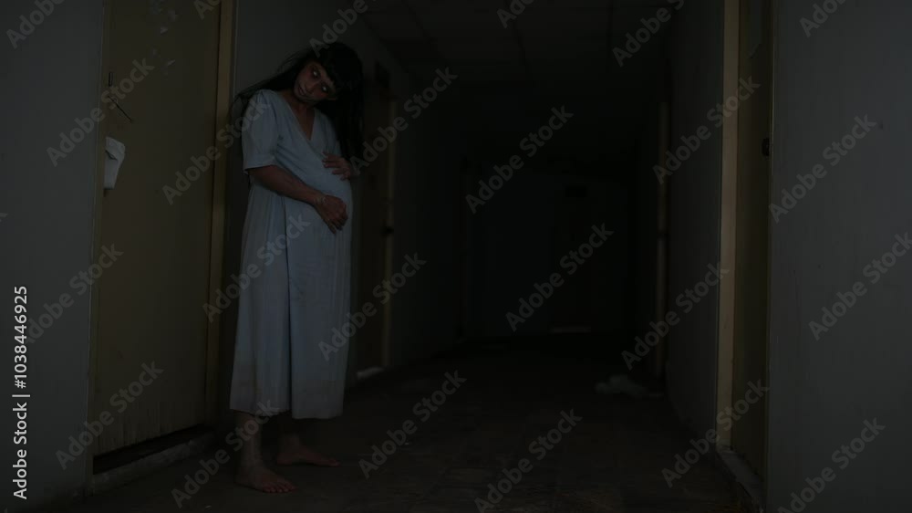 Portrait of asian woman make up pregnant ghost.,Scary horror scene for background,Halloween festival concept,Ghost movies poster Portrait of asian woman make up pregnant ghost.,Scary horror scene for background,Halloween festival concept,Ghost movies poster