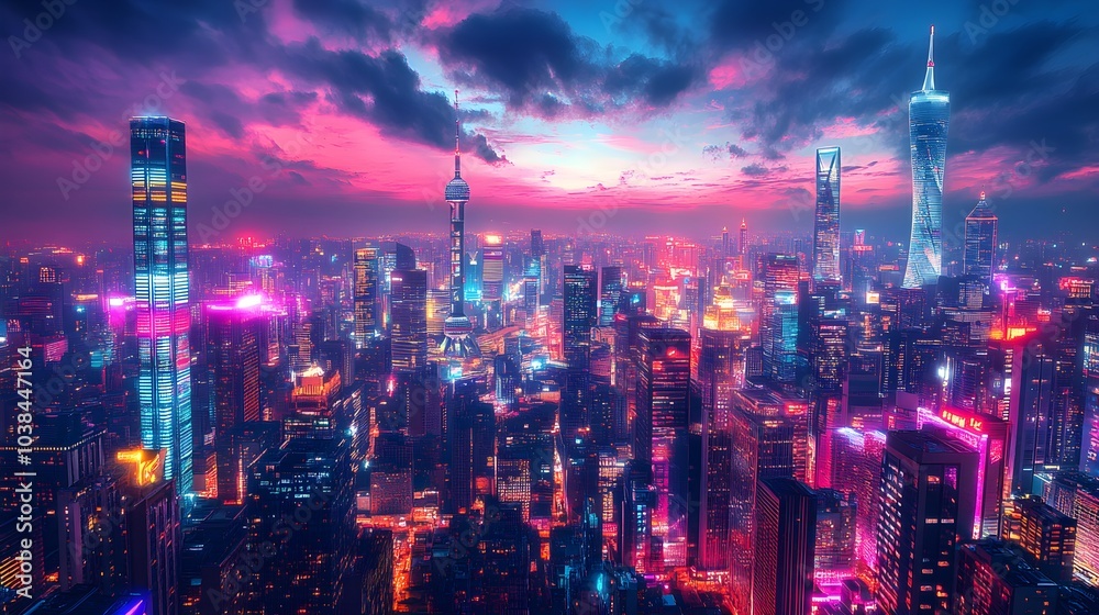 custom made wallpaper toronto digitalRetro-futuristic cityscape with towering skyscrapers, neon-lit streets below filled with vibrant street art, bringing life and color to the urban jungle