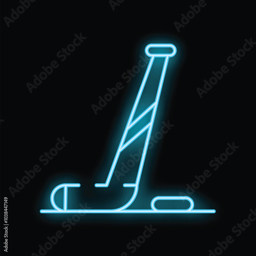 Glowing neon line hockey stick and puck icon isolated on black background vector illustration