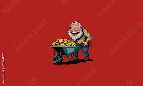 Excited elderly prospector with gold-filled wheelbarrow