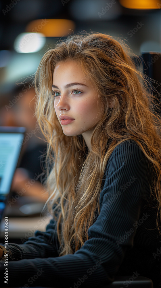 woman sitting in what appears to be a dimly lit office or workspace, tech or software engineering environment woman sitting in what appears to be a dimly lit office or workspace, tech or software engineering environment