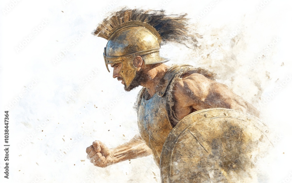 Fototapeta premium A fierce warrior in a golden helmet charges forward, embodying strength and determination amidst a swirling dust cloud.