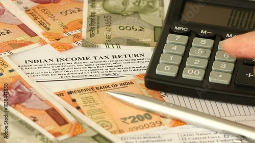 Indian Income Tax Return. Financial Concept. Tax Form. Indian Rupees and Tax Calculation on Calculator. Close up