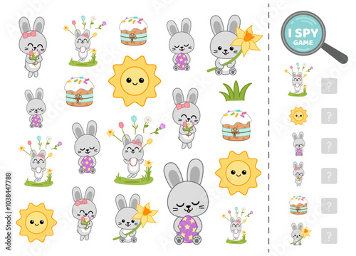 I spy game for kids. Spring, sun, bunny, cake. Search and count how many. Math game. Vector