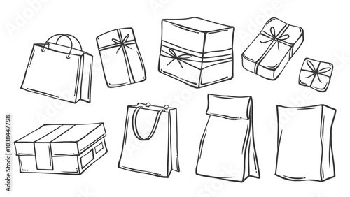 Paper gift boxes and bags line icons set. Outline pouch and handbag with handles, package with rope knot and bow. Present, shopping mascot, hand drawn eco bags icon collection vector illustration