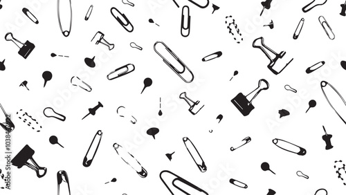 Seamless black and white pattern of stationery, background with paper clips, needles and pins, pattern with office supplies, office concept, vector binder clips of different designs, paper holder