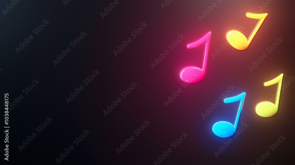 The image contains 4 neon music notes arranged in the top right corner of the frame. The notes are pink, yellow, and blue. They are on a dark background. The image contains 4 neon music notes arranged in the top right corner of the frame. The notes are pink, yellow, and blue. They are on a dark background.