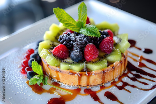 A beautifully plated gourmet fruit tart, topped with fresh berries and kiwi slices, placed on a white plate with a drizzle of honey and mint garnish photo