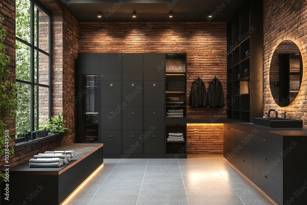 A contemporary loft interior with a locker room and blab. Generative Ai A contemporary loft interior with a locker room and blab. Generative Ai