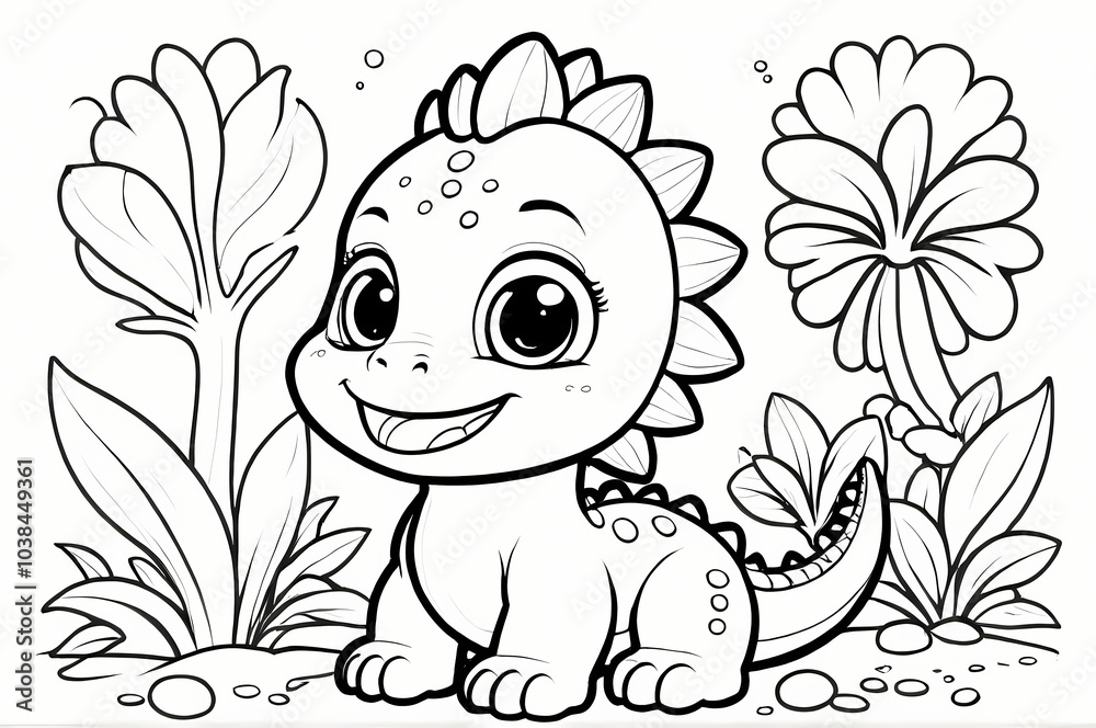 Fototapeta premium Cute Kawaii Baby Dinosaur Coloring Book Page