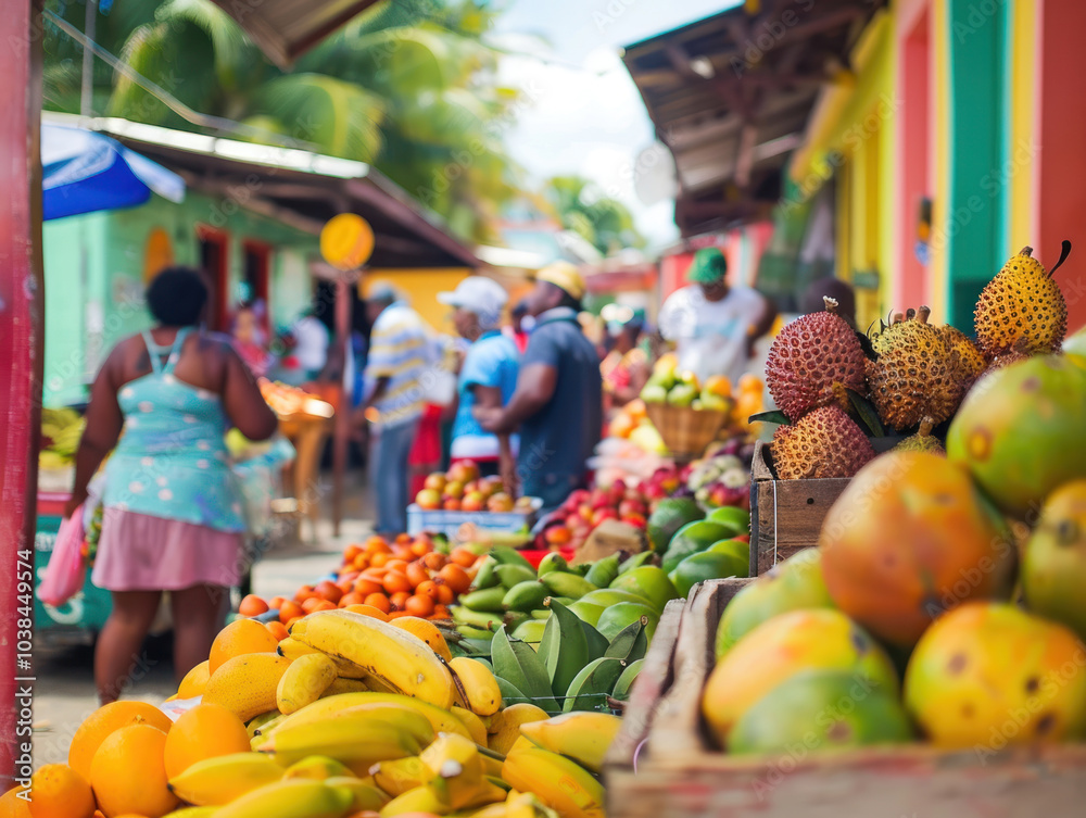 A bustling Caribbean market with vendors selling fresh tropical fruits, spices, and street food like fried plantains and conch fritters.