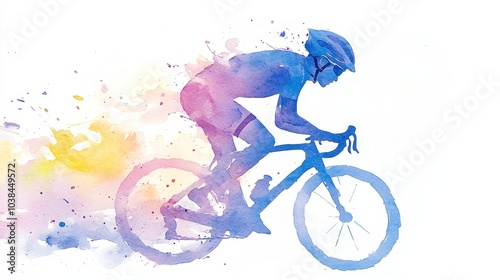 A vibrant watercolor of a cyclist racing, depicted with colorful splashes creating a dynamic sense of motion.