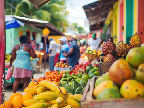 Obraz na płótnie A bustling Caribbean market with vendors selling fresh tropical fruits, spices, and street food like fried plantains and conch fritters. w salonie