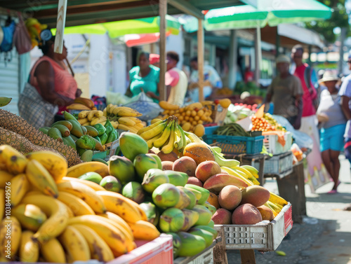 A bustling Caribbean market with vendors selling fresh tropical fruits, spices, and street food like fried plantains and conch fritters. photo