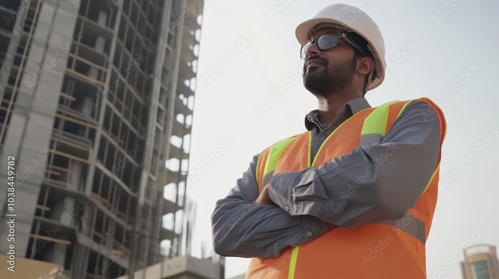 An Indian construction site manager stands with arms crossed, wearing a safety vest and helmet, deep in thought at a busy construction site, reflecting on project progress and team dynamics An Indian construction site manager stands with arms crossed, wearing a safety vest and helmet, deep in thought at a busy construction site, reflecting on project progress and team dynamics
