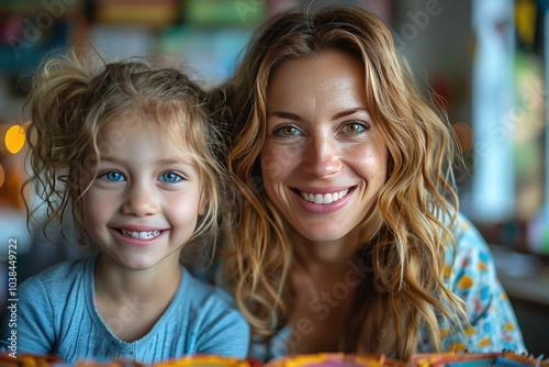 A joyful woman and girl smiling together, capturing a moment of happiness and connection.