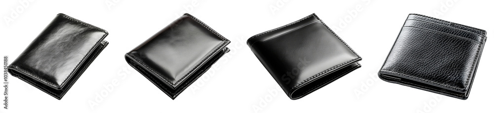 Collection of Black Leather Wallets Isolated on Transparent Background
