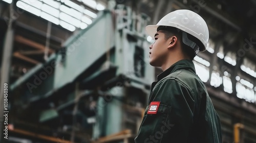 Men industrial engineer in a white helmet standing in a heavy industrial factory, inspecting machinery and checking the security system setup for maintenance and operational safety