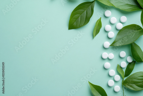Many different tablets and leaves on a green background, with space for text