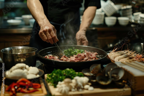 A chef preparing a traditional Asian hotpot, ingredients like fresh seafood, vegetables, and noodles ready to be cooked in the simmering broth.